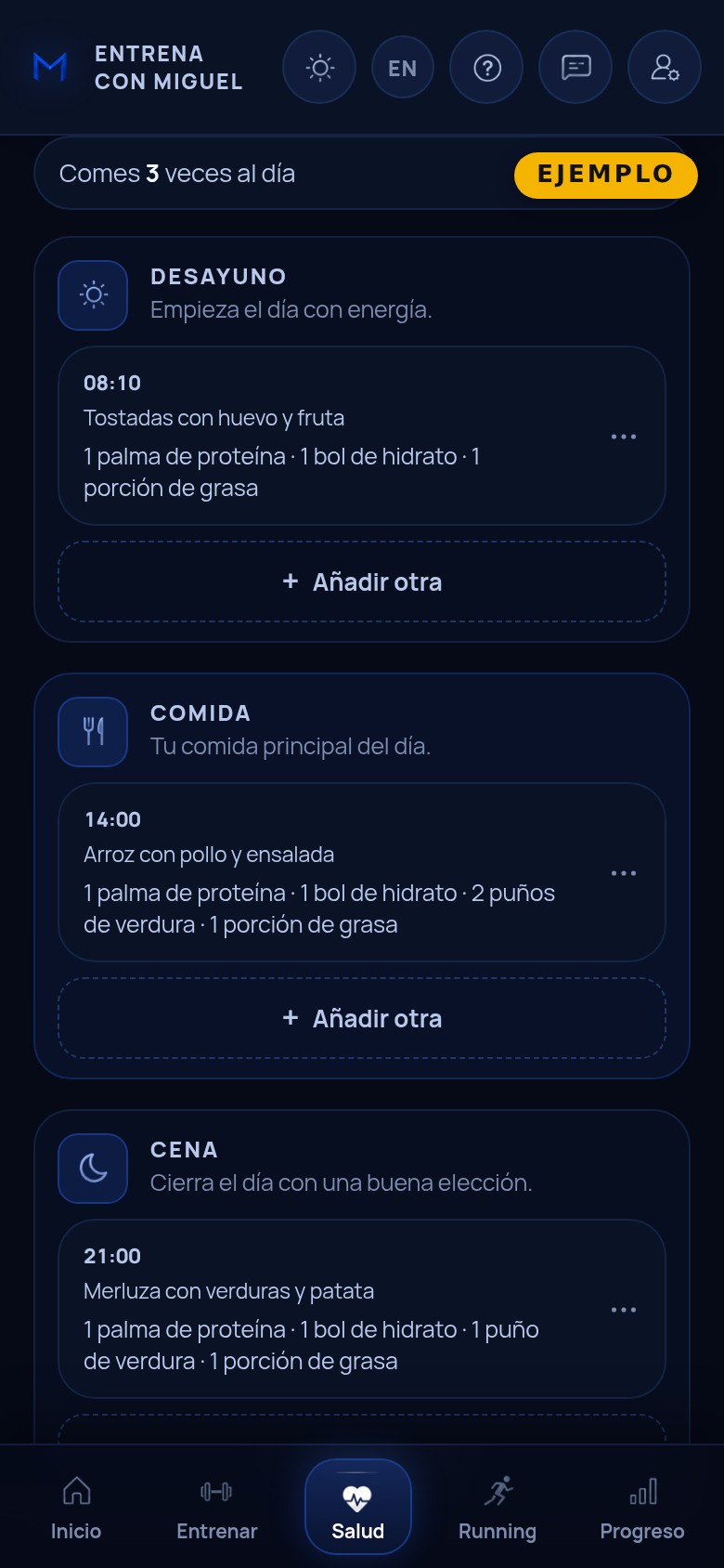 La pantalla de alimentación en la app, con las comidas del día