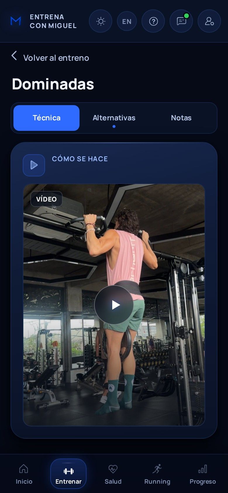 La ficha de las dominadas en la app, con su vídeo y las pestañas de técnica, alternativas y notas