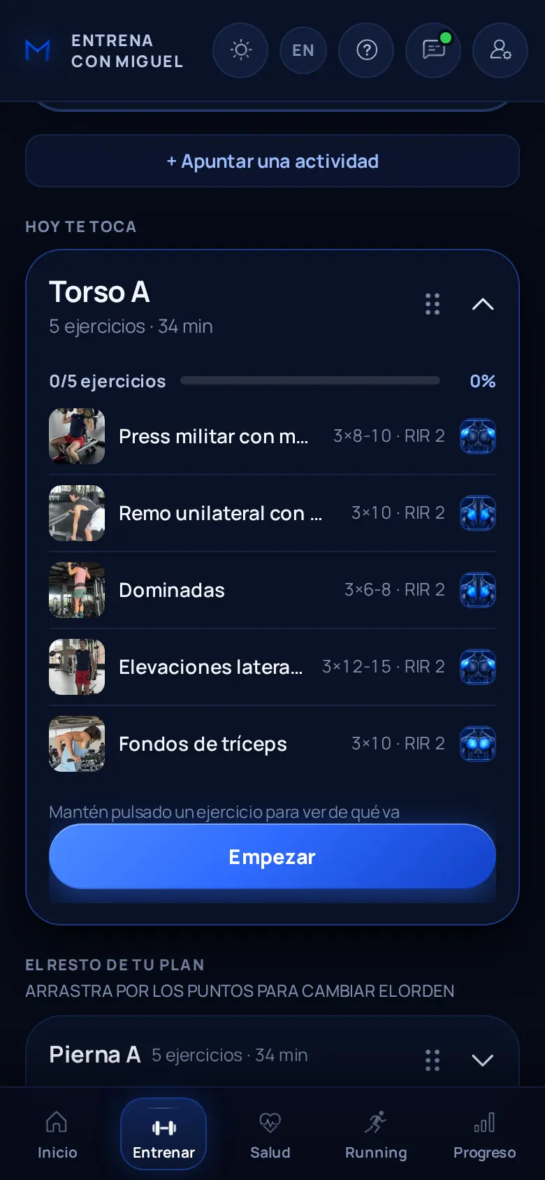 App: Tu semana y el entreno de hoy