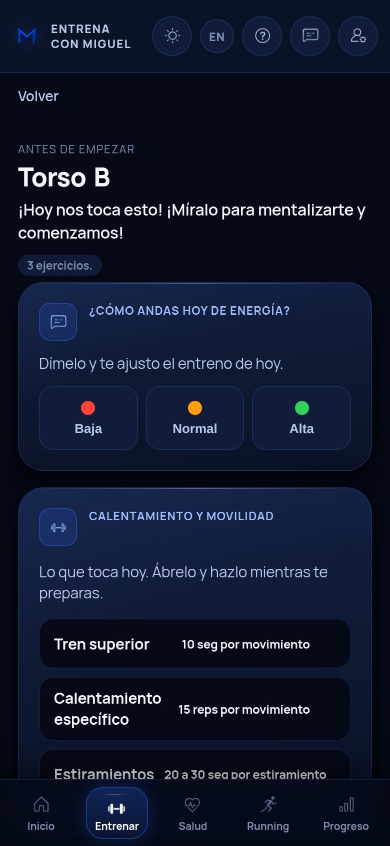 La pantalla de preparación del entreno, con el calentamiento y los estiramientos
