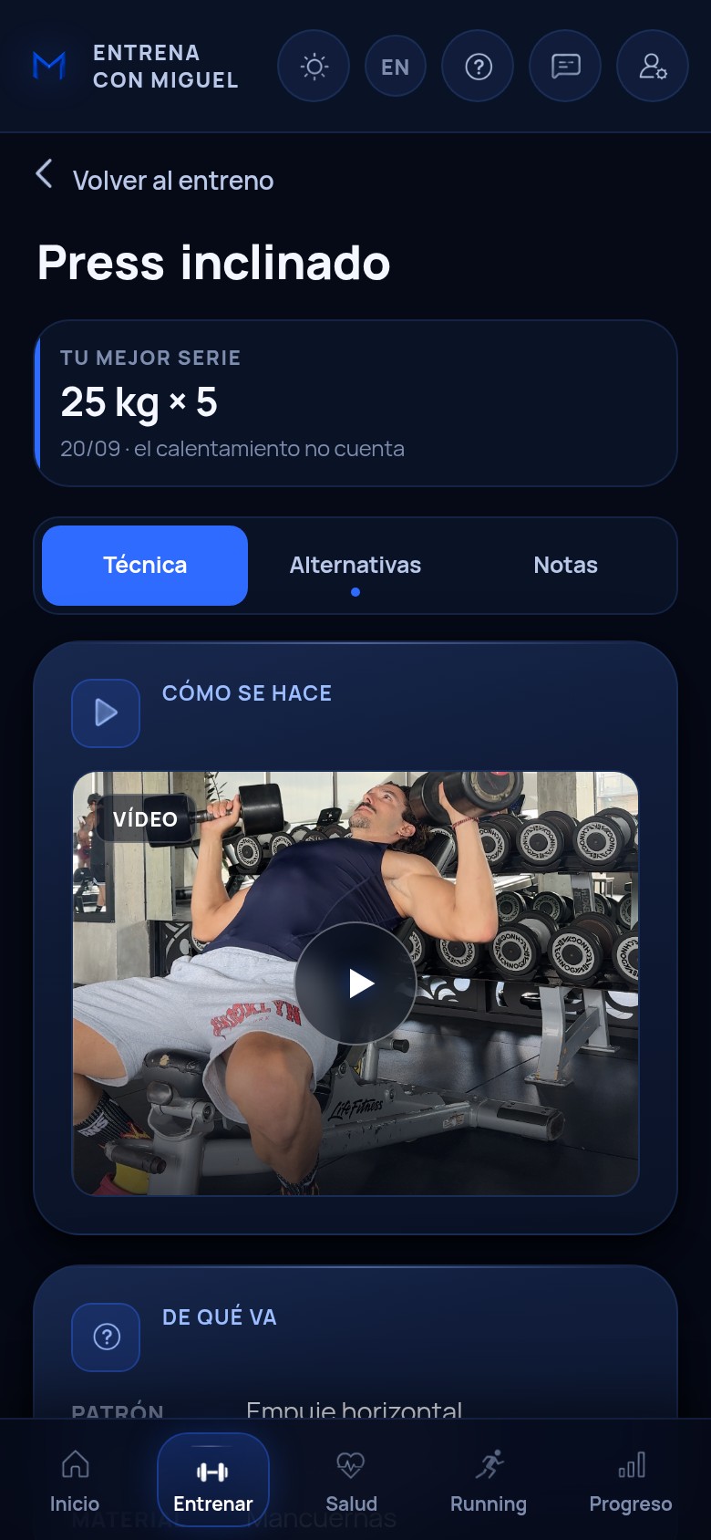 La ficha del press inclinado con el récord de la mejor serie arriba