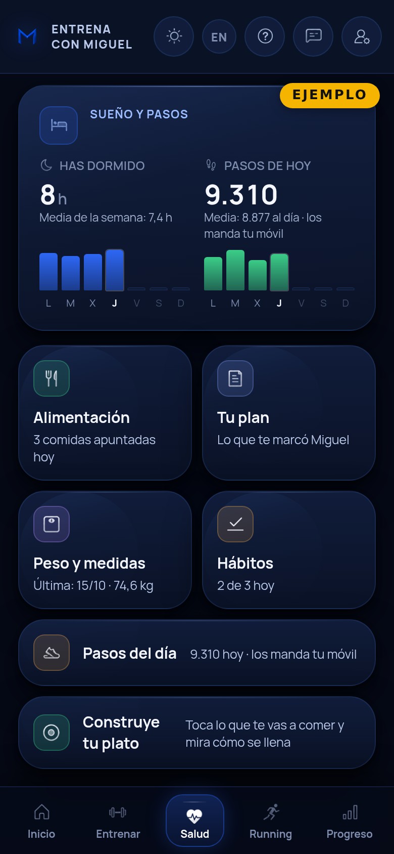 La pantalla de salud en la app, con el peso, el descanso y los pasos del día