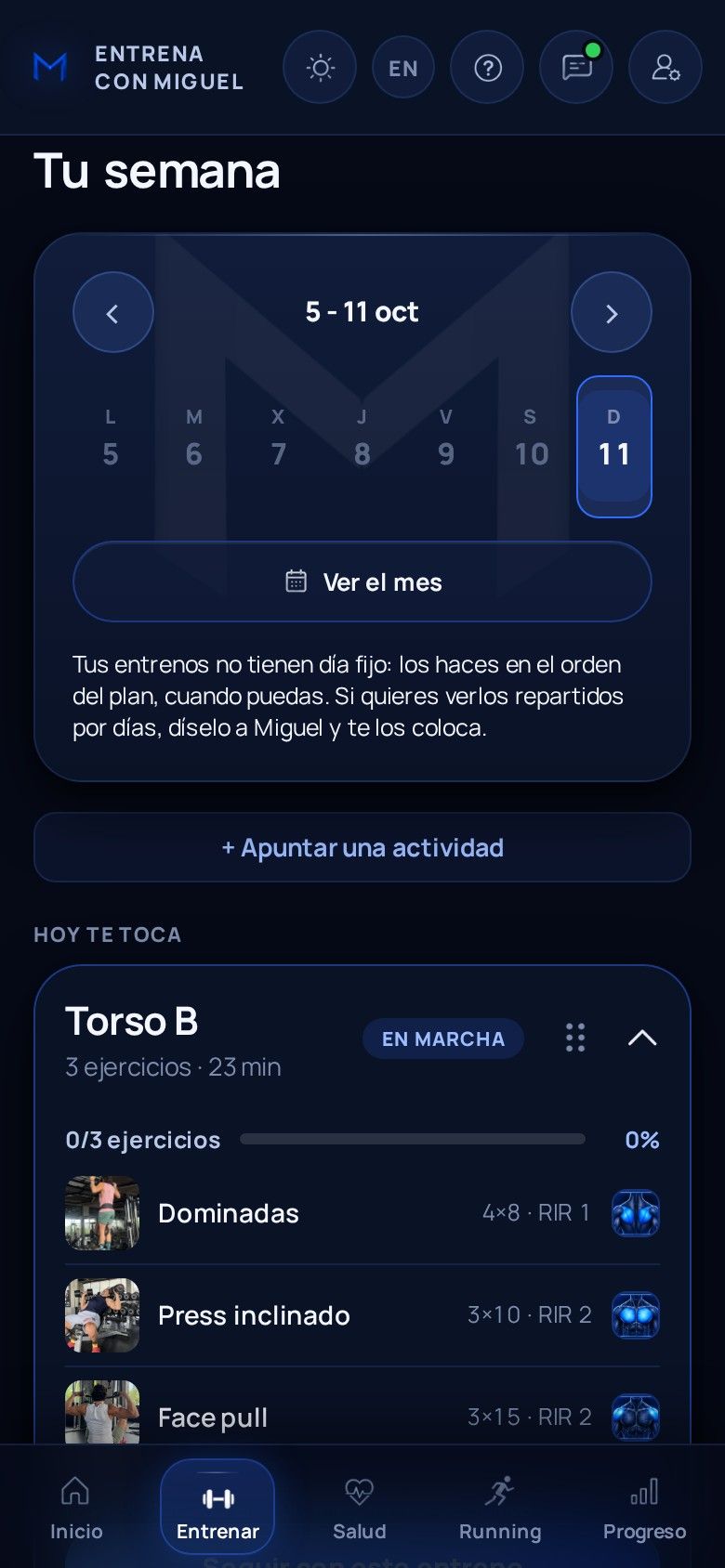 La semana del cliente en la app, con el entreno de hoy y sus ejercicios