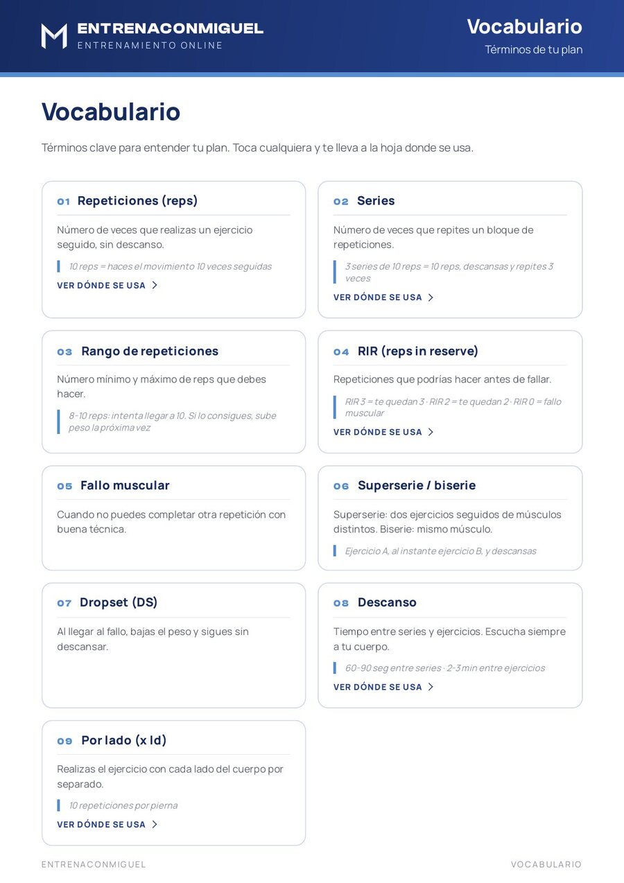 Página de vocabulario, con los términos del plan explicados