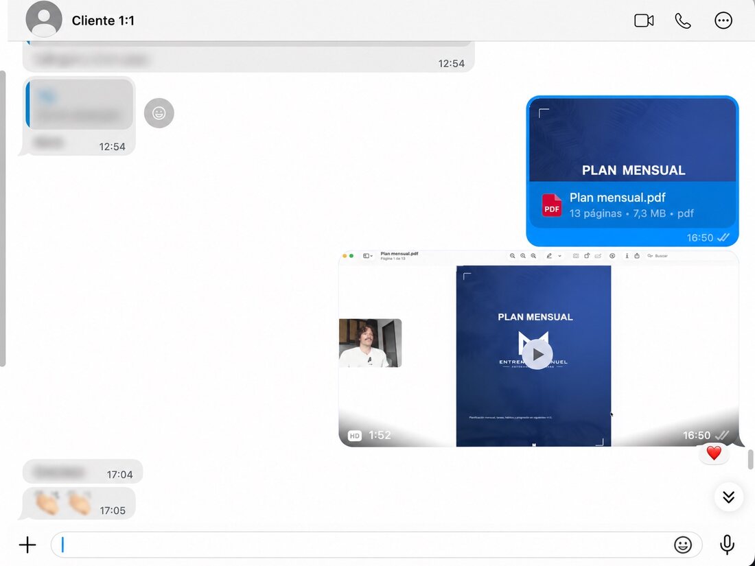 Envío de la planificación en PDF junto al vídeo de explicación, y la respuesta del cliente